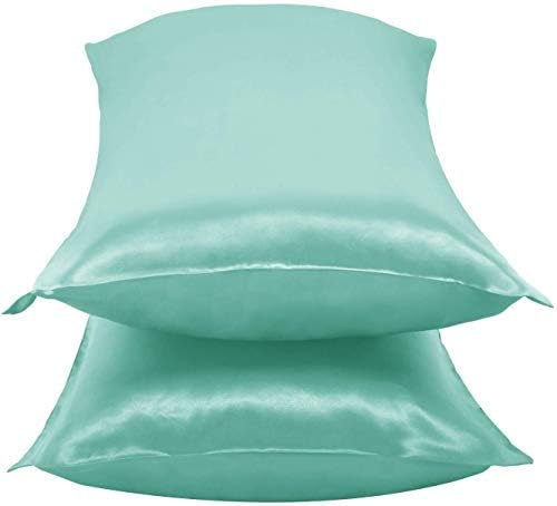 JUWENIN,Luxury Satin Pillowcase with Zipper (Silky Satin Pillow Case for Hair) Set of 2 (Standard, Aqua Blue)