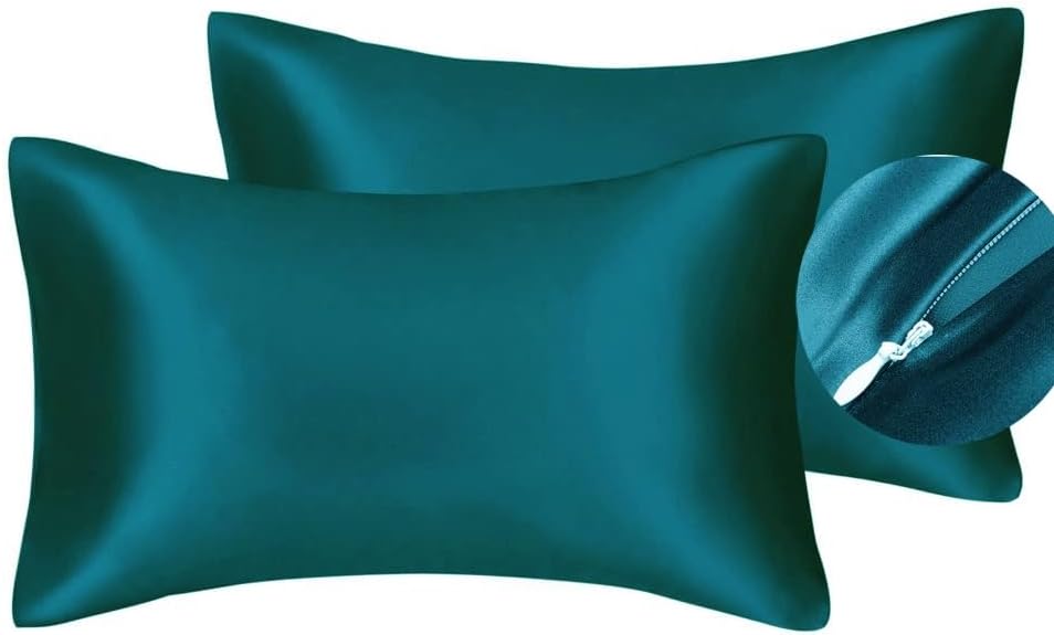 JUWENIN,Luxury Satin Pillowcase with Zipper (Silky Satin Pillow Case for Hair) Set of 2 (King, Teal)
