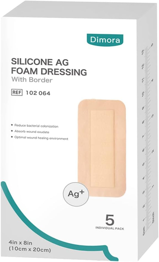 Dimora Silicone Foam Dressing Silver Ag 4"x 8" Adhesive Absorbent First Aid Bandage for Wound Care Pads 5 Packs