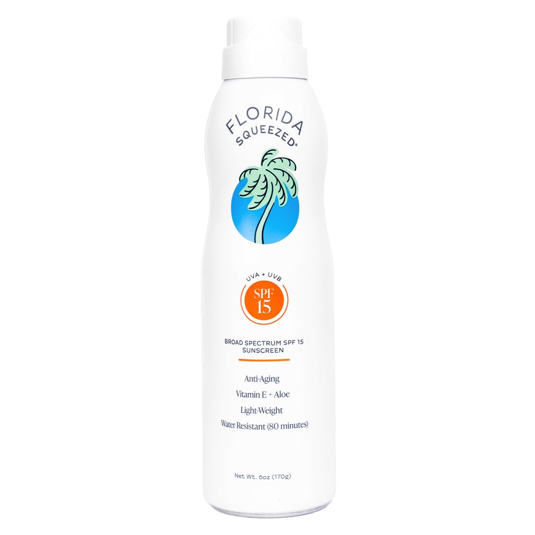 Florida Squeezed SPF 15 Sunscreen Water Resistant Spray|6oz|Vegan and Hawaii 104 Reef Act Compliant (Octinoxate & Oxybenzone Free) Broad Spectrum Moisturizing Sunscreen. Paraben & Phthalate Free.