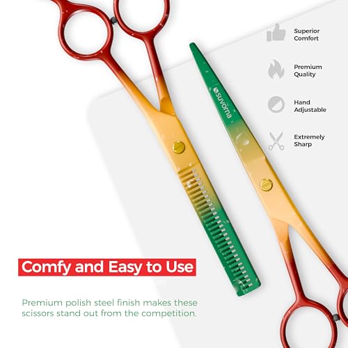 Suvorna 6.5" Professional Hair Scissors Set with Thinning Shears for Hair Dressers, Barbers and Professionals - Sharp Hair Cutting Scissors Set for Thinning, Layering and Cutting (Red Yellow & Green)