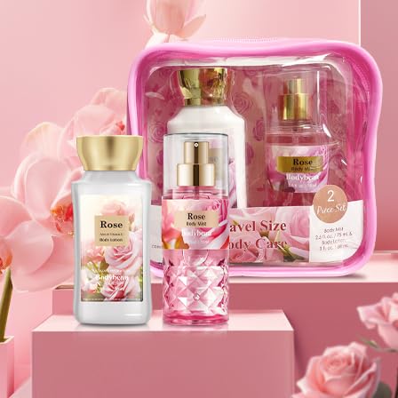 Bath and Body Gift Set for Women & Girls, Rose 2PCS Set for - Body Lotion, Body Mist, Personal Portable Body Care Travel Set for Birthday Mother's Day Gifts for Her and Him