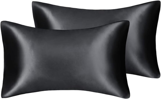 JUWENIN,Luxury Satin Pillowcase with Zipper (Silky Satin Pillow Case for Hair) Set of 2 (Queen, Black)