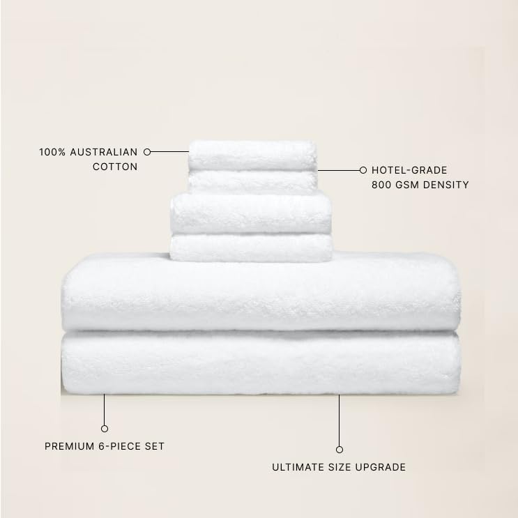Italic Ultraplush Luxe 6 Piece Towel Set – 2 Bath Sheets, 2 Hand Towels, 2 Washcloths – 800GSM Soft, Highly Absorbent & Quick Drying, Resort Grade 100% Australian Cotton Towels (White)