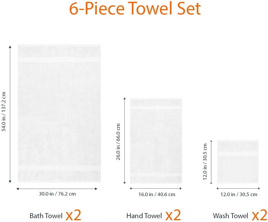 Amazon Basics 6 Piece Oversized Fade resistant Towel set, 100% Cotton towels for bathroom, soft and absorbent, 2 Bath Towels, 2 Hand Towels and 2 Washcloths bathroom towel set, White