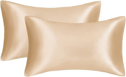 JUWENIN,Luxury Satin Pillowcase with Zipper (Silky Satin Pillow Case for Hair) Set of 2 (Queen, Gold)