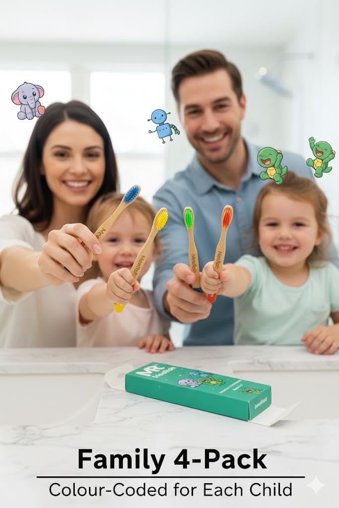 MeeRoh Bamboo Toothbrush for Kids – Eco-Friendly, Soft Bristles, 4-Pack