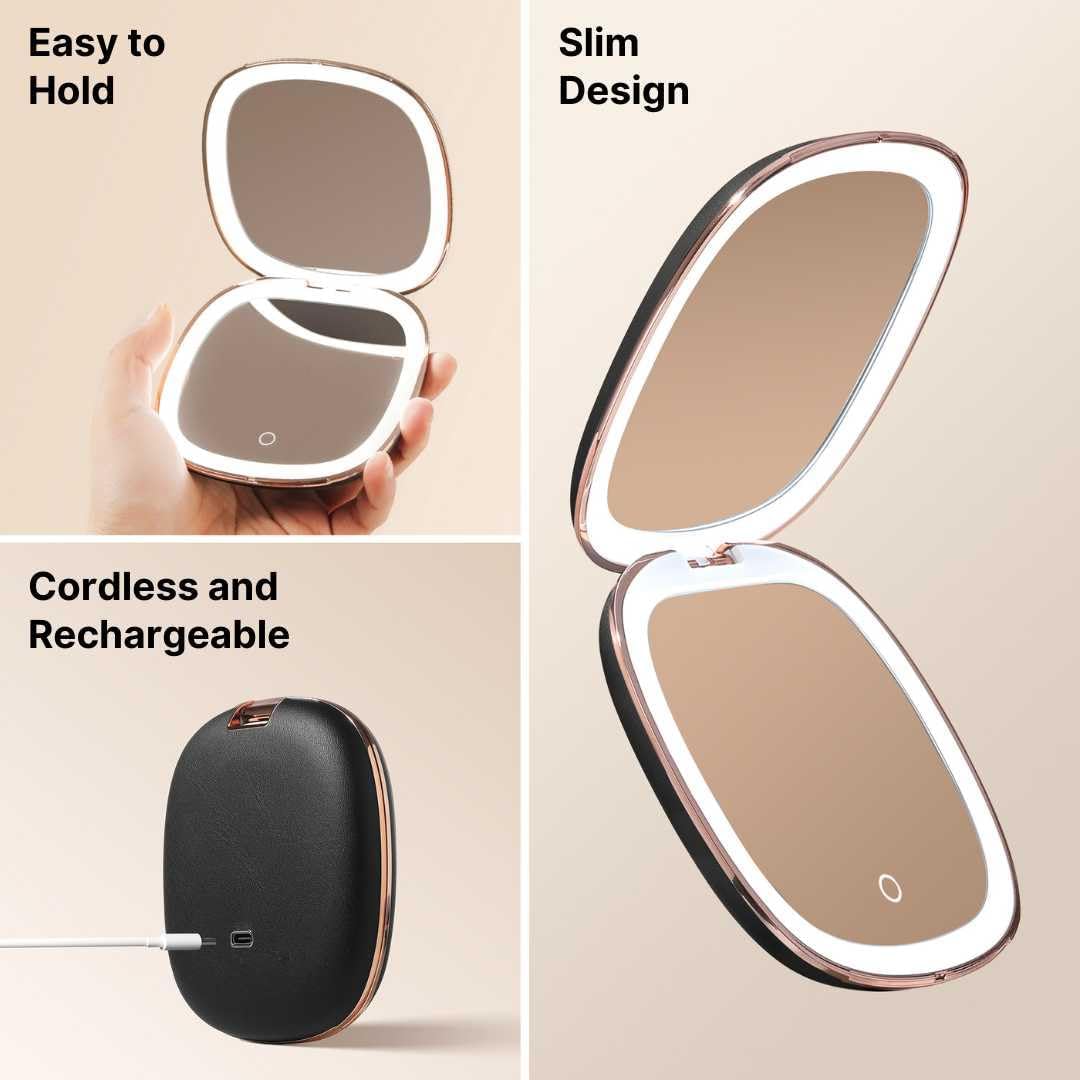 Fancii Mila 2 Compact Magnifying Makeup Mirror with LED Light, Rechargeable, 10x /1x Magnification, Tru-Glow Lighting System, Vegan Leather, Small Travel Mirror for Purses (Midnight Majesty)