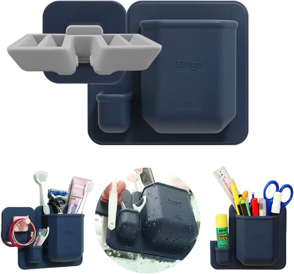 Silicone Wall Mounted Organizer - Made in Korea, BPA Free - Storage with Hook - Bathroom and Living Room, Remote Control & Shower Caddy (Eagle Wing(Navy), Poket Holder(Navy))