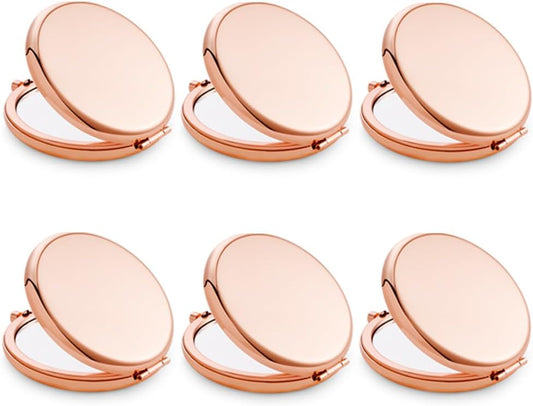 Compact Mirror, Pocket Travel Makeup Mirror for Purse, Metal Round Shell, 2-Sided 1X/2X Magnifying, Portable, Folding, Handheld, Rose Gold, 6 Pack