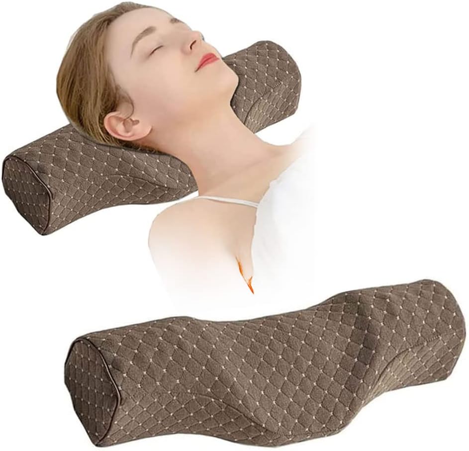 Cervical Neck Pillow for Pain Relief Sleeping, Neck roll Pillow Memory Foam for Stiff Neck Pain Relief ,Travel Bolster Pillow for Bed for Side Sleepers Back Sleeper. (Brown)