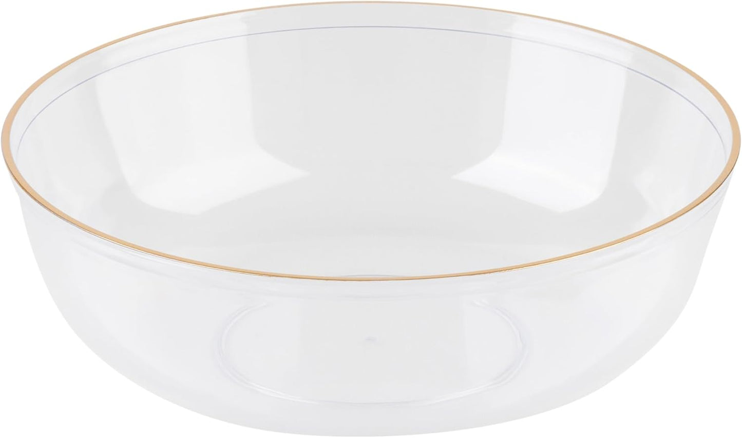 PLASTICPRO [30 Pack 16 OZ Bowls Edge Collection Clear with Gold Rim Plastic Party Soup Bowls Premium heavyweight Elegant Disposable Tableware Dishes