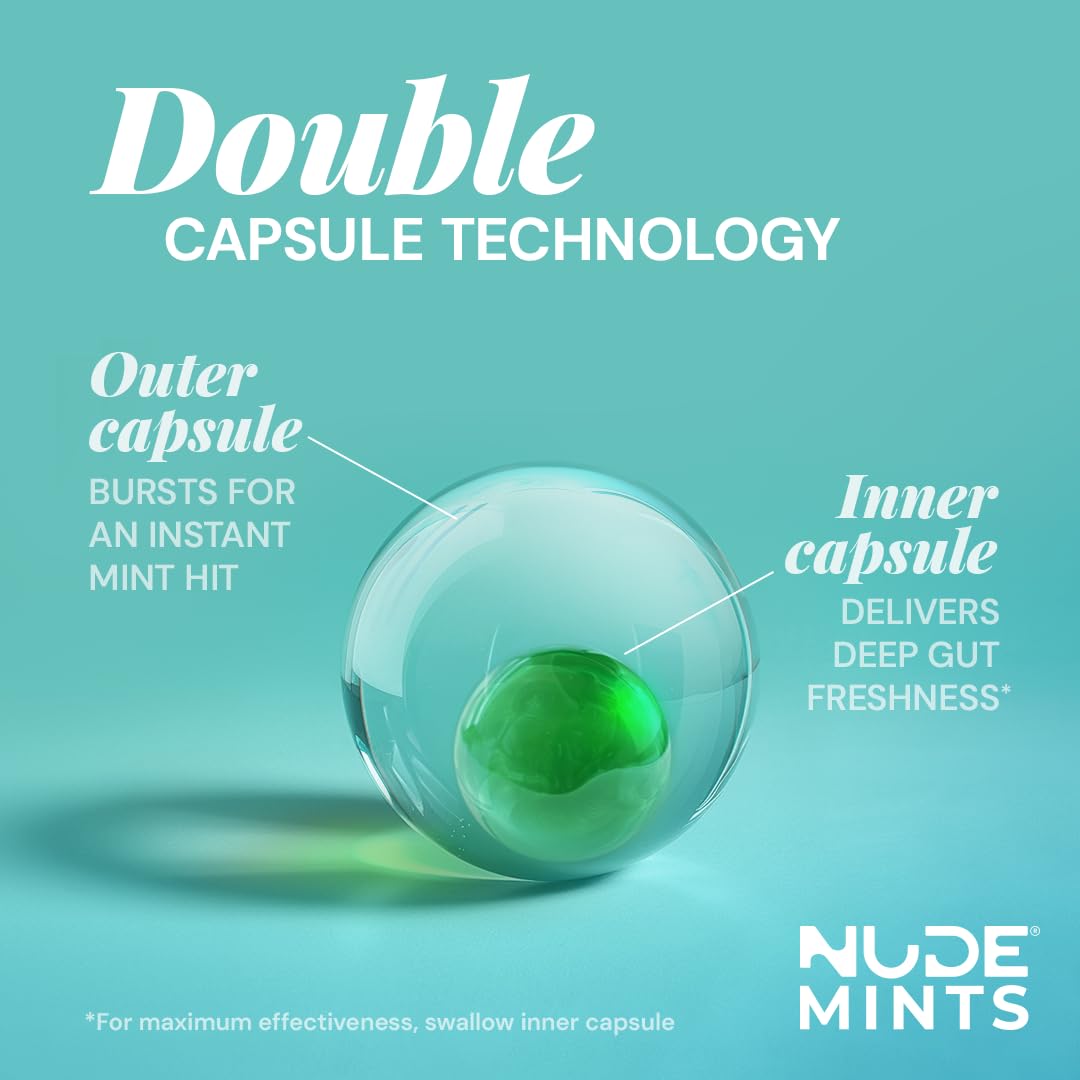 NUDE MINTS | Dual Action Liquid Capsules | Mouth Watering Mint - Lasts 3X Longer - 3X Stronger - Extreme Bad Breath Treatment For Adults - Sugar Free, 0 Calorie - Spearmint - 5 Pack - 150 Capsules