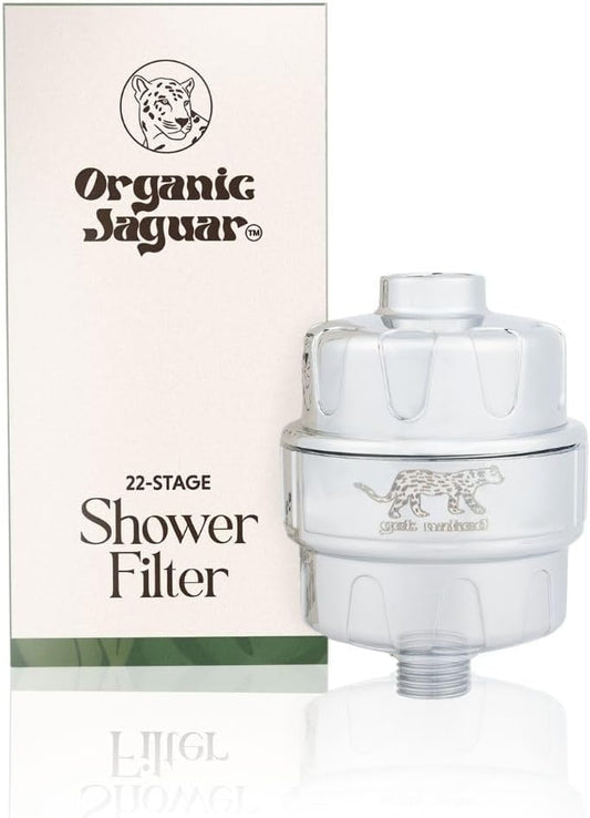 Organic Jaguar Shower Filter, 22 Stage Water Shower Head Filter For Hard Water, Heavy Metals, Chlorine & Impurities, Supports Hair and Skin Health & Hydration, Easy Installation, Long Lasting, Chrome