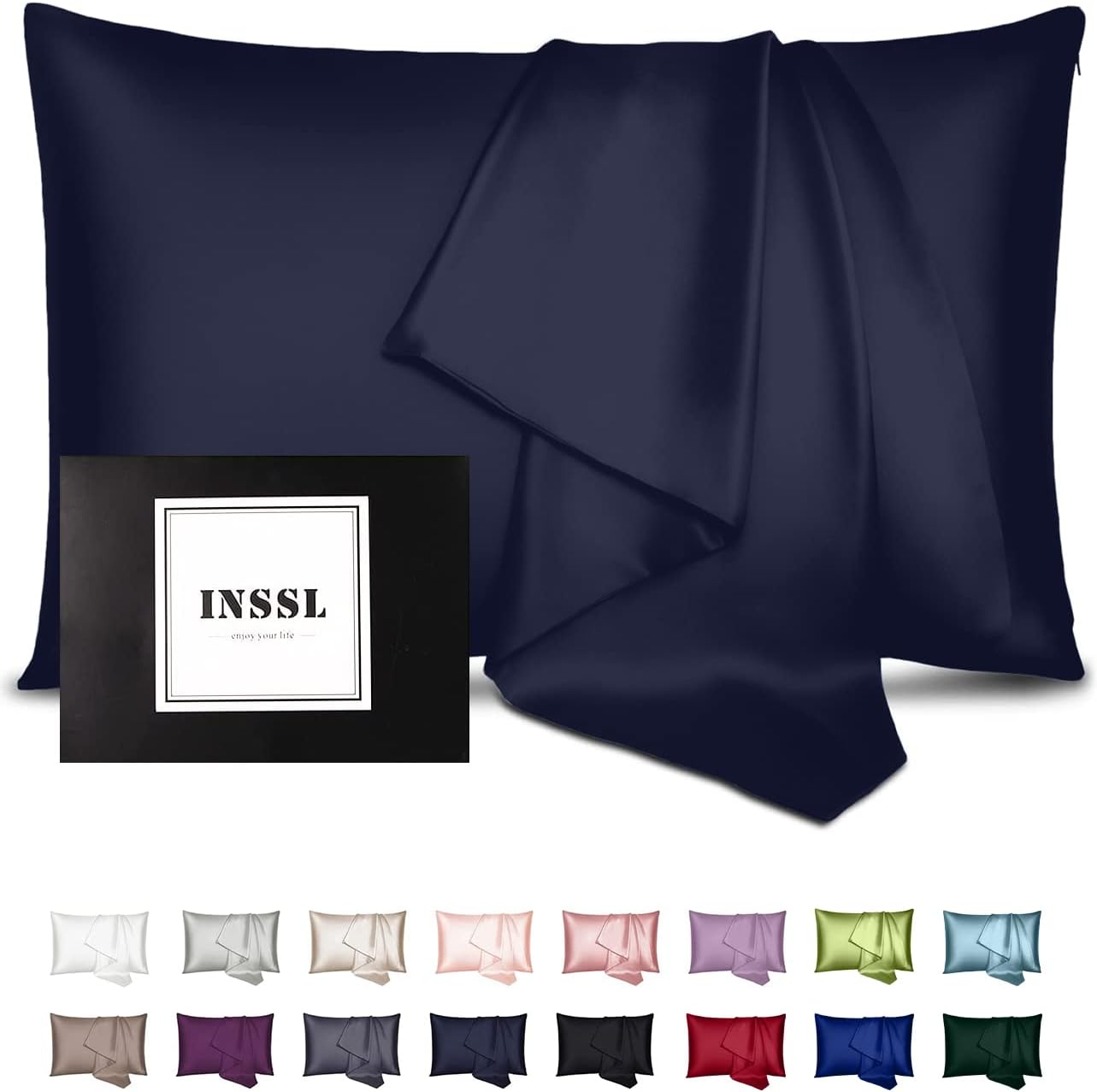 INSSL Silk Pillowcase for Women, Mulberry Silk Pillowcase for Hair and Skin and Stay Comfortable and Breathable During Sleep (Standard, Navy Blue)