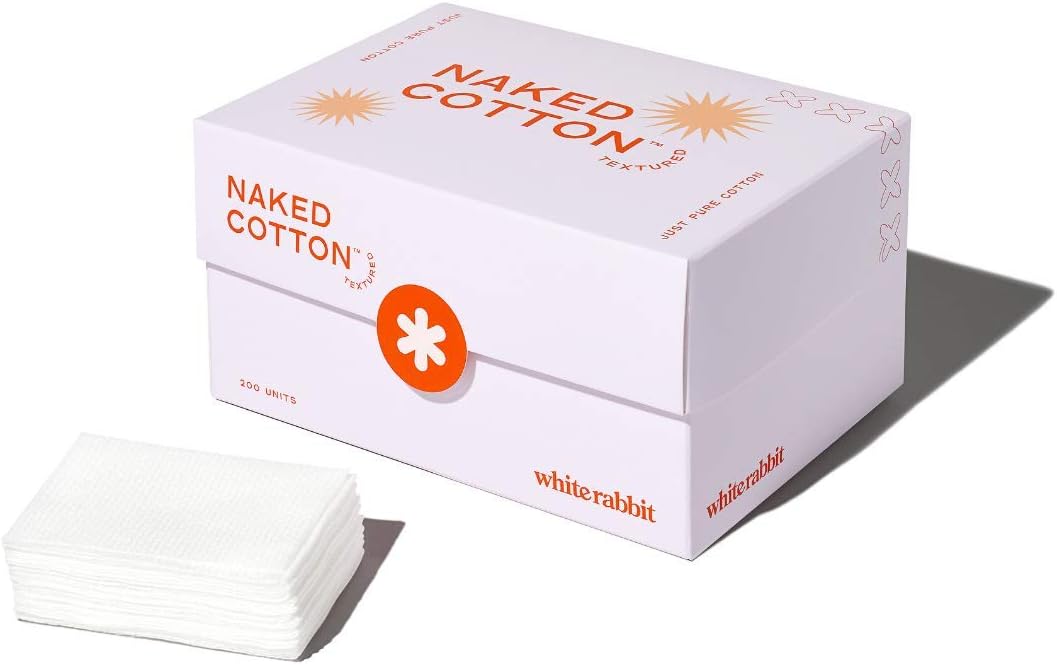 White Rabbit – Naked Cotton Textured – Unbleached Perforated Cotton Pads for Toner, Makeup Removal & Masks | Lint-Free, Exfoliating, Natural & Cruelty-Free | Korean Skin Care Product (200 Count)