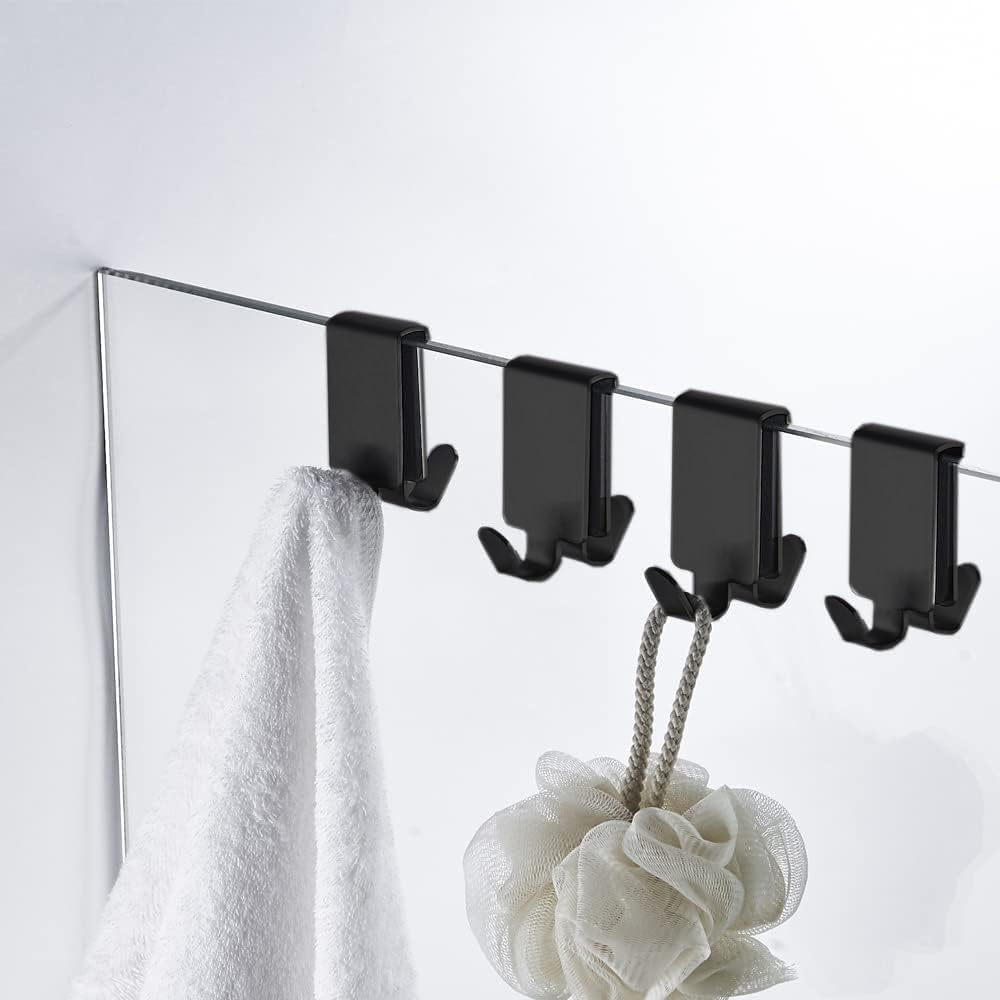 Double Hooks for Glass Shower Door, Towel Hooks Over The Bathroom Glass Wall 0.31-0.39in, Stainless Steel, Black 4 Pack
