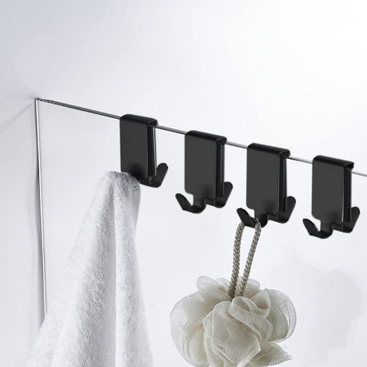 Double Hooks for Glass Shower Door, Towel Hooks Over The Bathroom Glass Wall 0.31-0.39in, Stainless Steel, Black 4 Pack