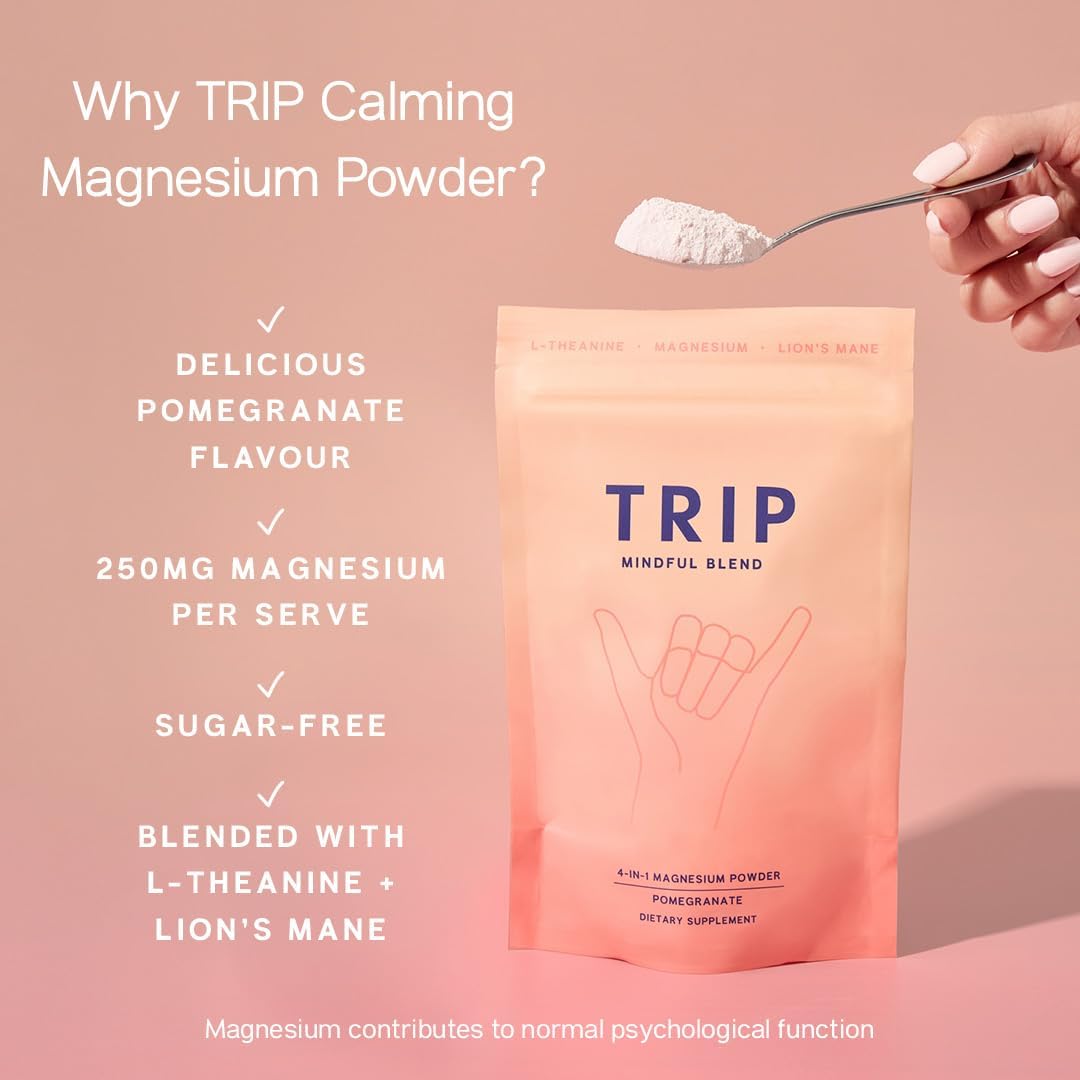 TRIP Magnesium Glycinate Powder with L-Theanine & Lion’s Mane, Sugar Free Magnesium Supplement for Adults, 250mg Magnesium per Drink Mix Serving, Pomegranate Orange Blossom, 1 Bag - 30 Servings