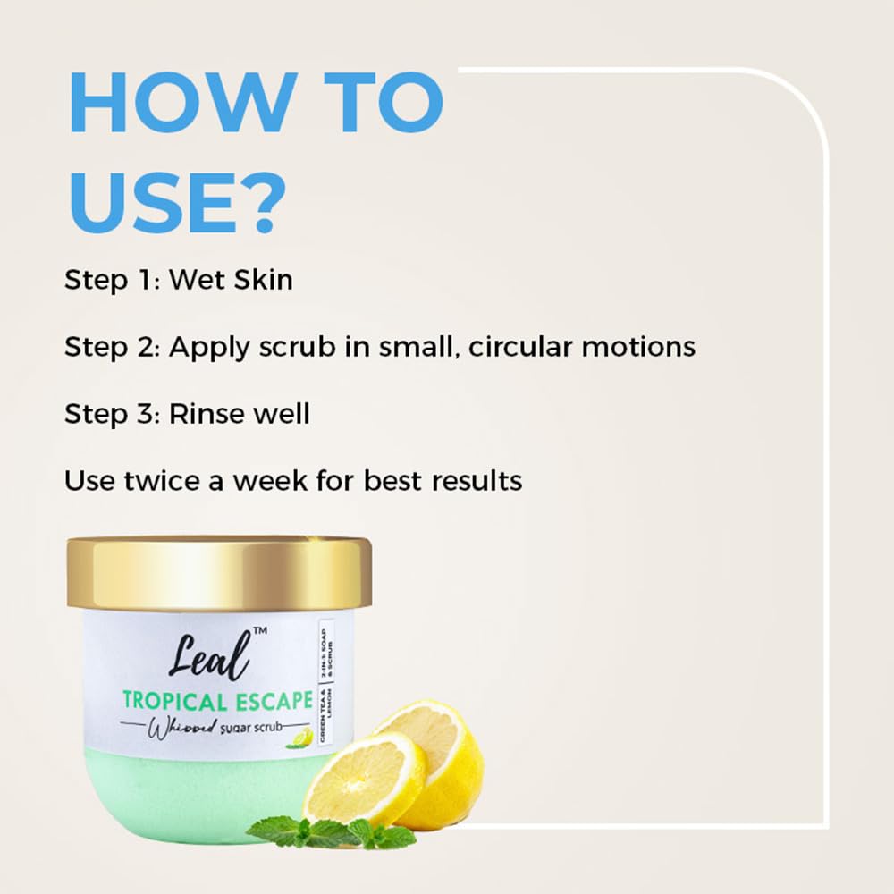 Leal Tropical Exfoliating Body Sugar Scrub, Green Tea Lemon Sugar Face Scrub, Face Polish, Tan Sugar Scrub, Whipped Foaming Vegan Scrub, Sulfate free, Whipped soap scrub dead skin-200 g