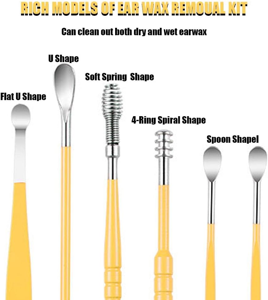 6 Pcs Ear Pick Earwax Removal Kit, Cleansing Tool Set, Curette Cleaner, 360degree Spiral Design Canal Cleaner Stainless Steel,with a Storage Box Portable Kit (Yellow), 11.7x2.8x2cm