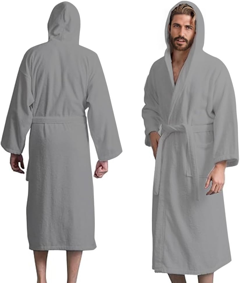 Men’s Hooded Bathrobe, 100% Cotton Terry Bathrobe, Spa Style Bath Robe, Absorbent Shower Robe, Lightweight Towel Bathrobes