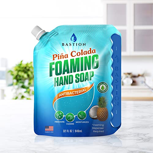 Bastion Foaming Hand Soap Refills: 32oz Pouch Pina Colada Scented Antibacterial Instant-Foam Bulk Hand Wash