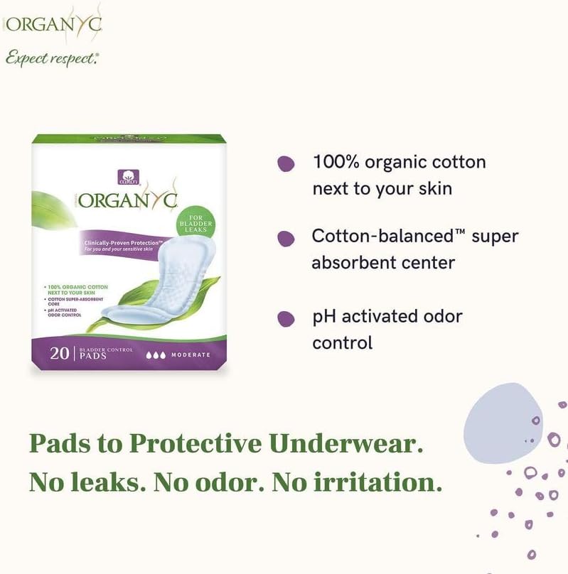 Organyc Certified Organic Cotton Pads for Incontinence, Certified Odor Control, Free from Perfumes, Dyes, Plastics, and Chemicals, Maximum, 64 Count