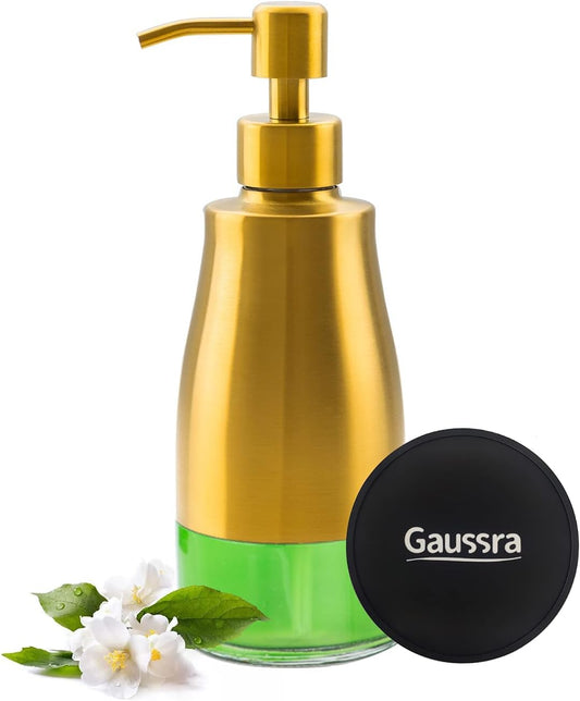 Gaussra Soap Dispenser with Coaster and Stickers, Brushed Gold Stainless Steel Glass Hand Pump Dispenser, Anti Rust Bottle, for Kitchen & Bathroom Detergent Bottle,Refillable Hand Liquid Dispenser