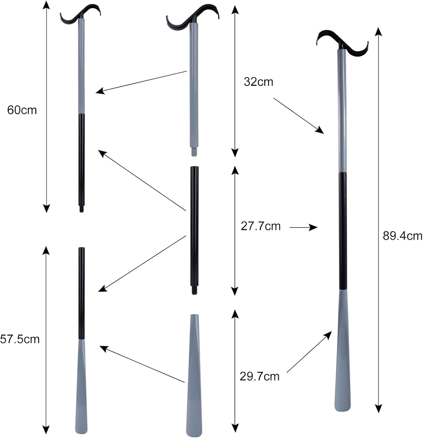 35" Long Dressing Stick with Shoe Horn with Sock Removal Tool, Adjustable Extended Dressing Aids for Shoes, Socks, Shirts and Pants Grey and Black