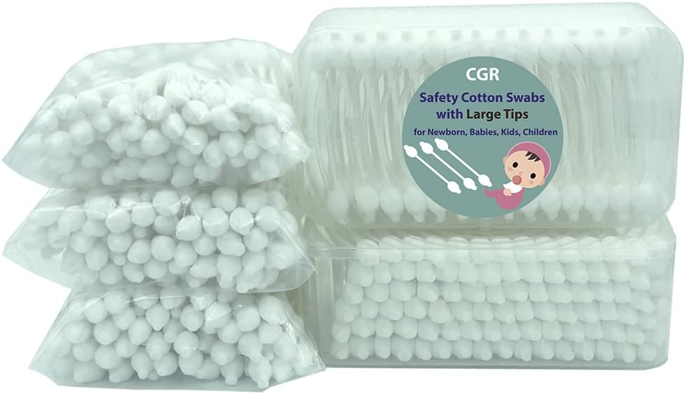 400pcs CGR Baby Safety Cotton Swabs with Large Tips for Newborn, Babies, Kids, Children, 100% Organic Cotton, White Paper Sticks, 5 Pack of 80 Swabs Total(2 Boxes and 3 Bags)