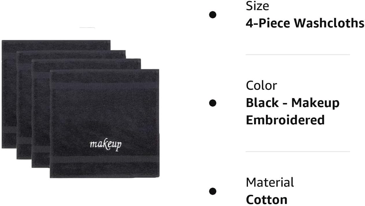 Chakir Turkish Linens | Hotel & Spa Quality 100% Cotton Premium Turkish Towels | Soft & Absorbent (4-Piece Washcloths, Black - Makeup Embroidered)