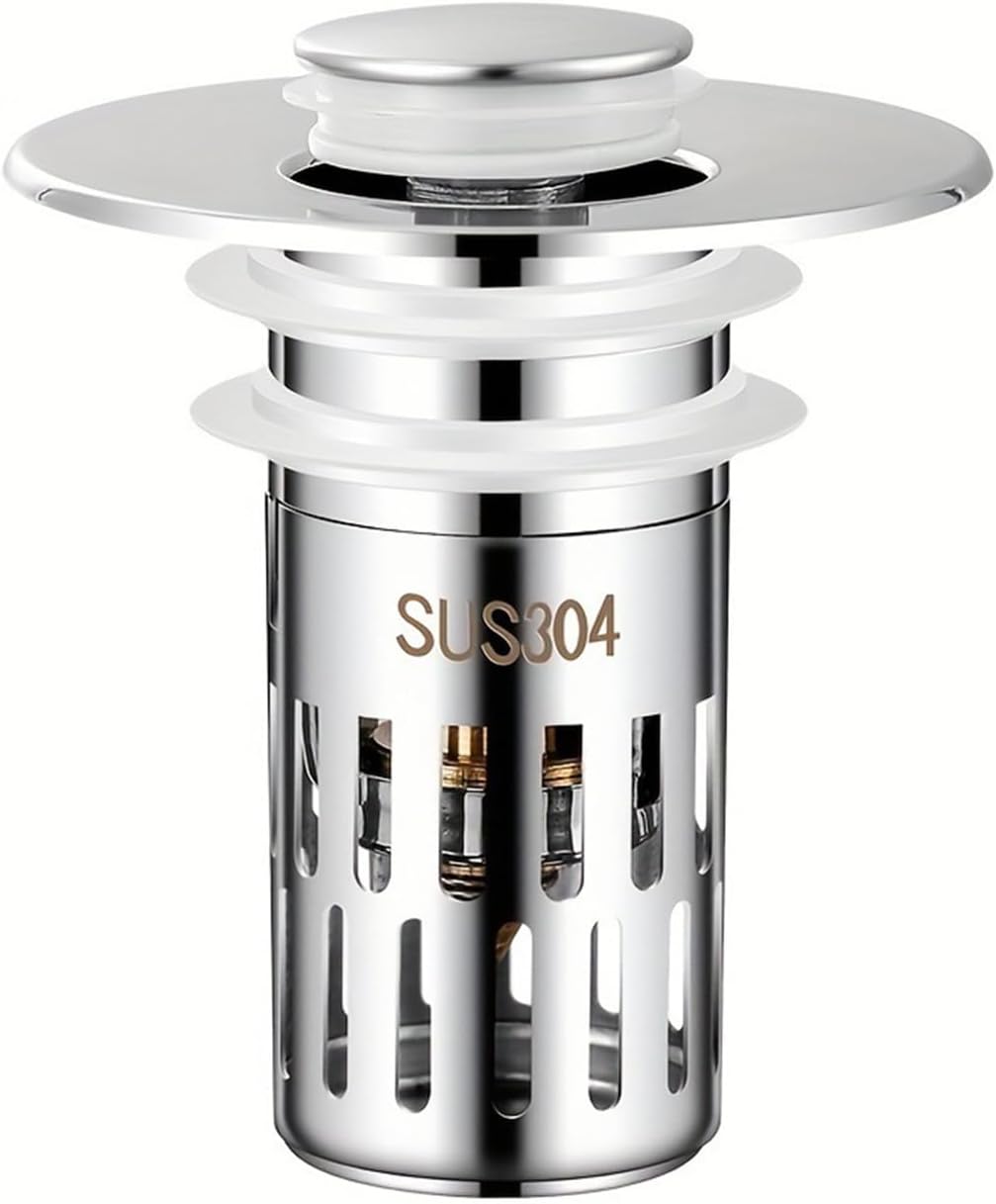 Bathroom Sink Stopper Hair Catcher, Pop-up Sink Drain Strainer with Removable Stainless Steel Strainer Basket Hair Catcher, Universal Drain Filter for Bathroom Sink Stopper Replacement (1PCS)