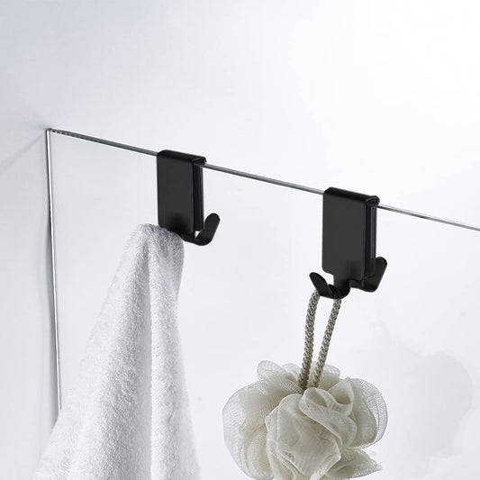 Double Hooks for Glass Shower Door, Towel Hooks Over The Bathroom Glass Wall 0.31-0.39in, Stainless Steel, Matte Black,2 Pack.