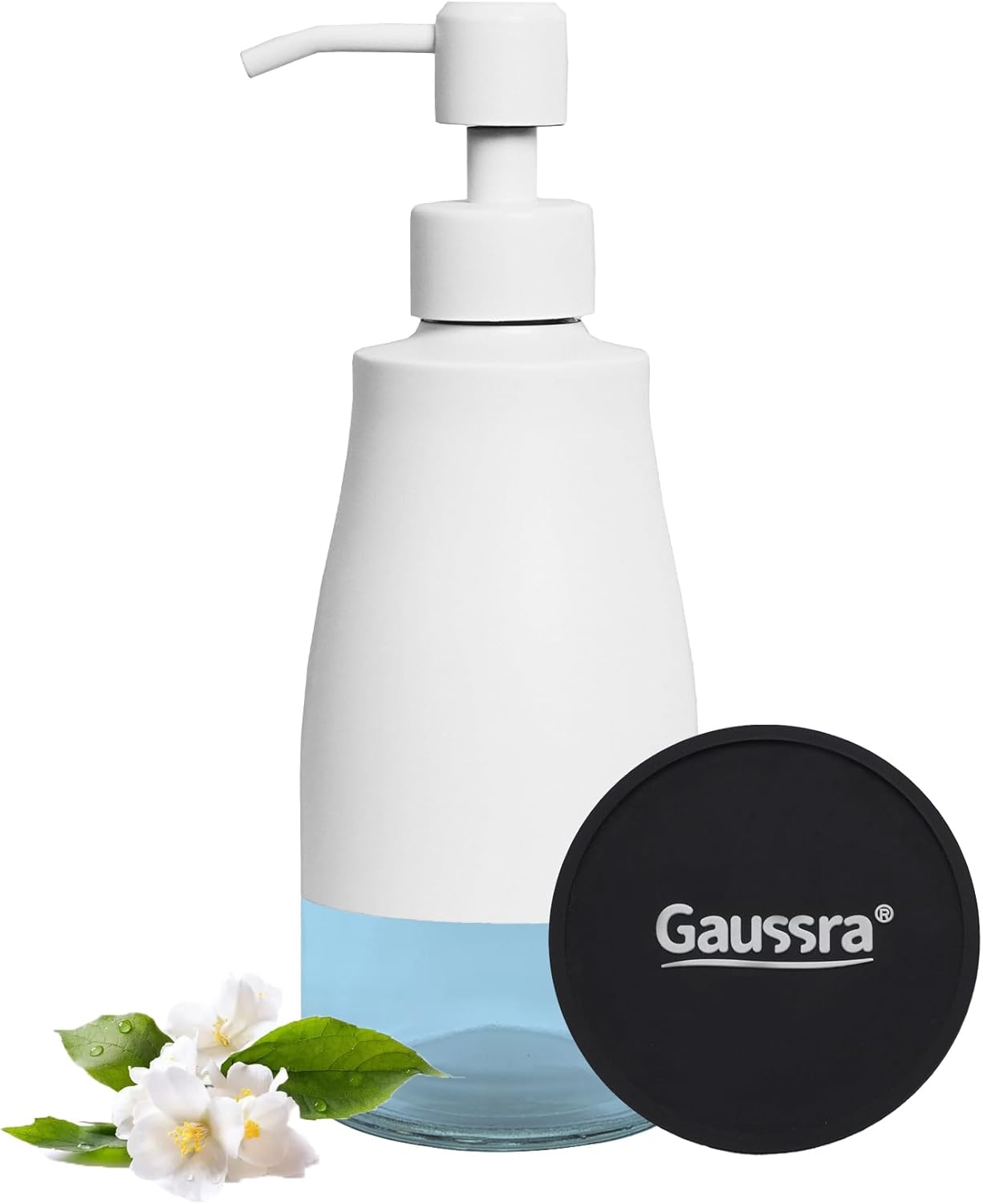 Gaussra White Soap Dispenser with Coaster and Stickers, Stainless Steel and Glass Bottle Hand Pump Dispenser, Refillable Liquid Hand Soap Dispenser for Bathroom & Kitchen (11OZ / 320ML)