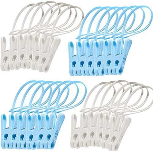 24 Pack ClothesPins with Plastic Rope, Clothesline Drying Clothing Clips for Photo Craft Painting Display, 12Pcs Blue 12Pcs White