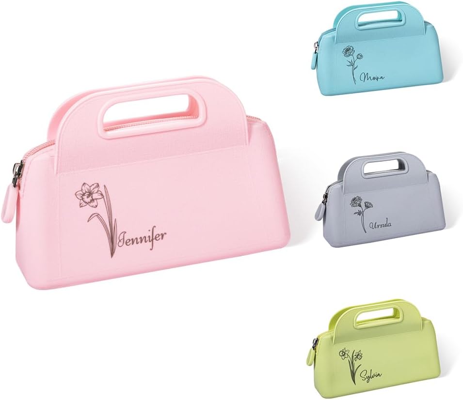 Custom Small Travel Makeup Bag Silicone Waterproof Personalized Birth Flower Name Makeup Brush Case Portable Zipper Cosmetic Bag Gifts For Mom Daughter 4 Colors Size 7.28×4.96INCH