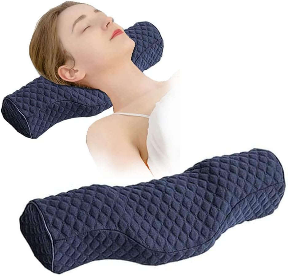 Cervical Neck Pillow for Pain Relief Sleeping, Neck roll Pillow Memory Foam for Stiff Neck Pain Relief ,Travel Bolster Pillow for Bed for Side Sleepers Back Sleeper. (Blue)