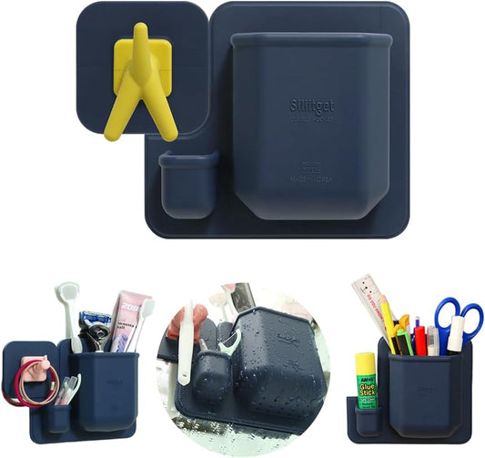 Silicone Wall Mounted Organizer - Made in Korea, BPA Free - Storage with Hook - Bathroom and Living Room, Remote Control & Shower Caddy (Puppy Hook(Navy), Poket Holder(Navy))