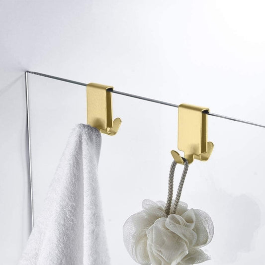 Double Hooks for Glass Shower Door, Towel Hooks Over The Bathroom Glass Wall 0.31-0.39in, Stainless Steel, Gold,2 Pack.