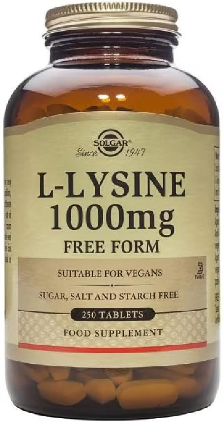 Solgar L-Lysine 1000 mg, 250 Tablets - Enhanced Absorption and Assimilation - Promotes Integrity of Skin and Lips - Collagen Support - Amino Acids - Non-GMO, Vegan, Gluten Free - 250 Servings