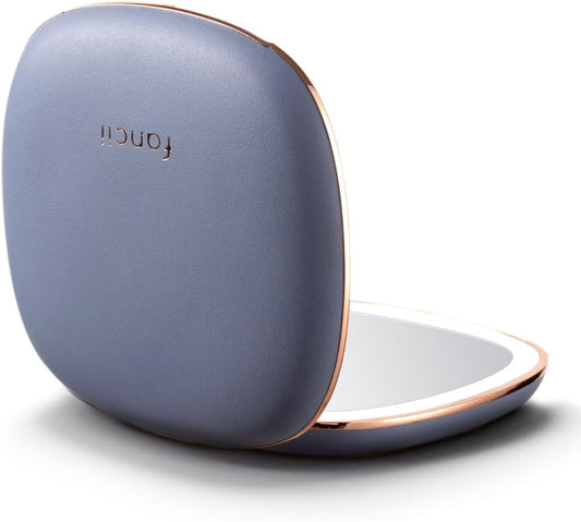 Fancii Mila 2 LED Lighted Compact Makeup Mirror, Rechargeable, 10x /1x Magnifying, Tru-Glow Light System, Vegan Leather, Small Travel Mirror for Purses (Harbor Blue)