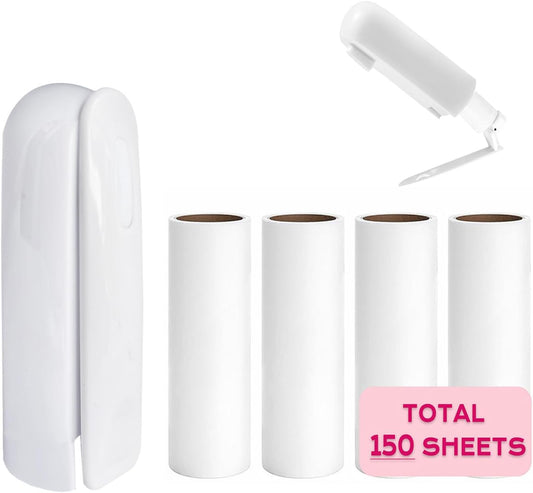 Mini Lint Roller with 150 Sheets, Travel Size Portable Lint Roller Compact Pet Hair Remover with 5 Refills, Sticky Dust Fuzz Fur for Travel Household (White)