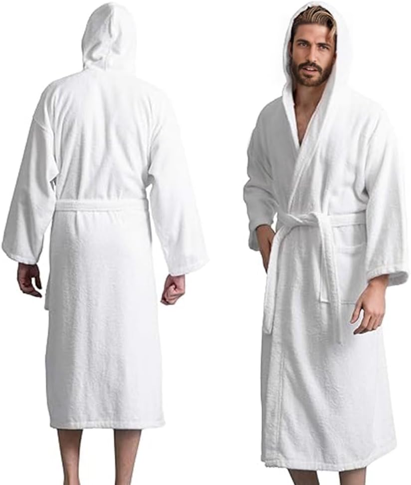 Men’s Hooded Bathrobe, 100% Cotton Terry Bathrobe, Spa Style Bath Robe, Absorbent Shower Robe, Lightweight Towel Bathrobes