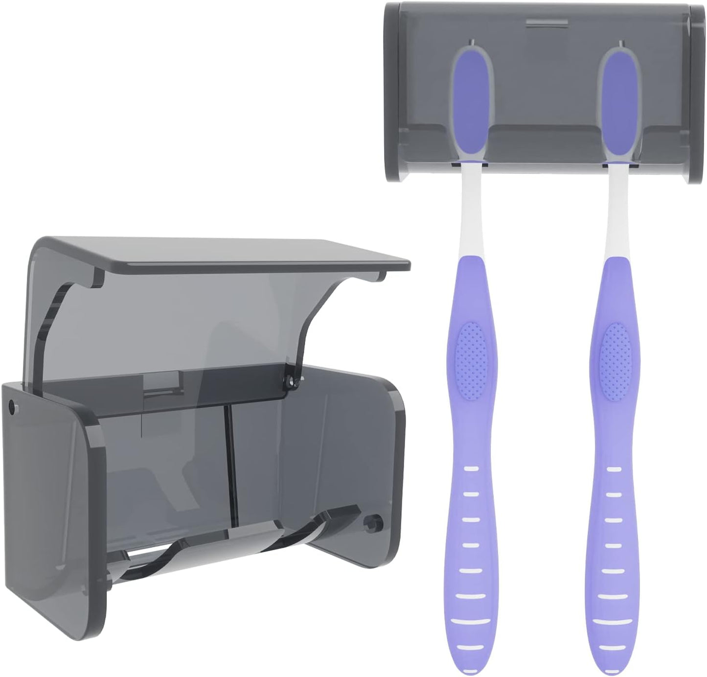 Toothbrush Holder Wall Mounted with Cover for Bathroom, 2 Slots Toothbrush Storage Organizer for Shower, Self Adhesive Toothbrush Hanger Rack for Dorm, Cabinet (Grey)