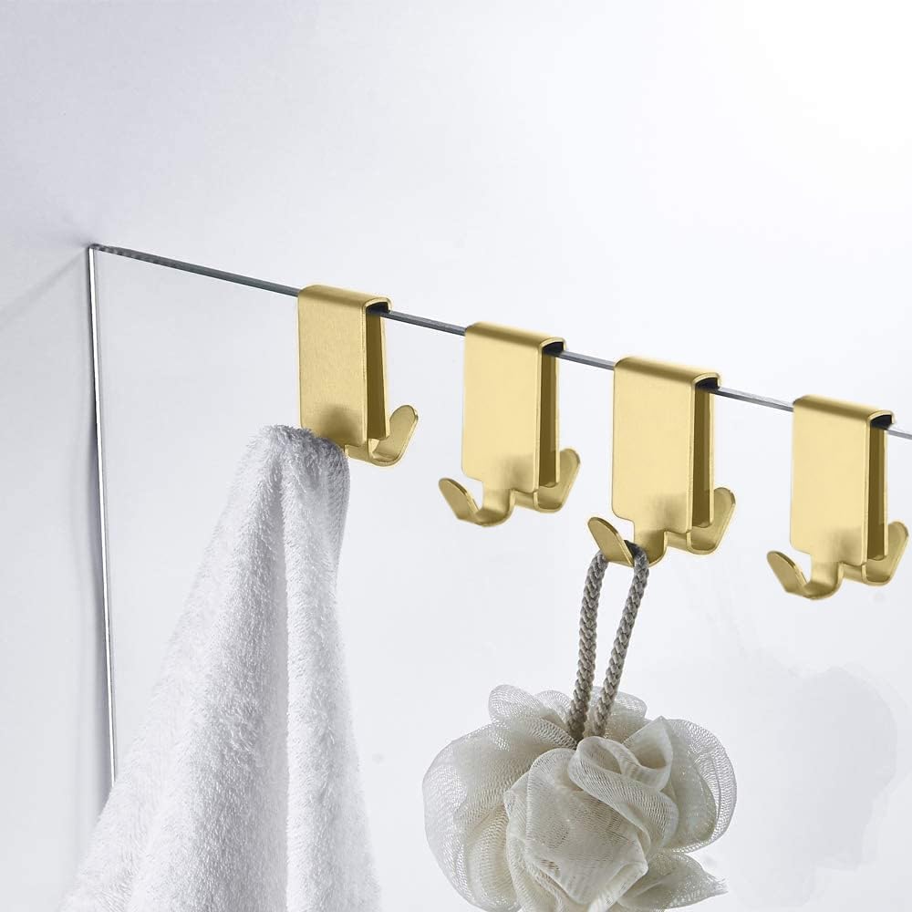 Double Hooks for Glass Shower Door, Towel Hooks Over The Bathroom Glass Wall 0.31-0.39in, Stainless Steel, Gold 4 Pack