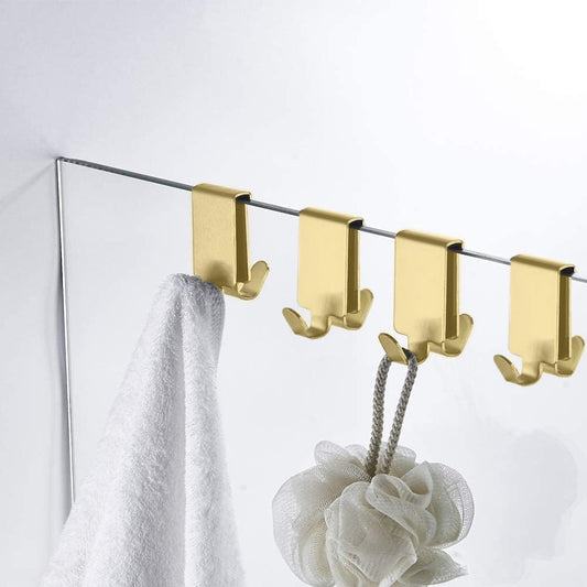 Double Hooks for Glass Shower Door, Towel Hooks Over The Bathroom Glass Wall 0.31-0.39in, Stainless Steel, Gold 4 Pack