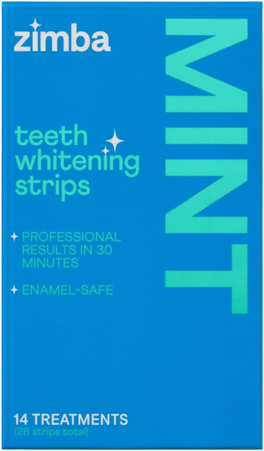 Zimba Teeth Whitening Strips Vegan Whitening Strip Enamel Safe Teeth Whitening Hydrogen Peroxide Teeth Whitener for Coffee, Wine, Tobacco, and Other Stains, 28 Strips (14 Day Treatment), Mint