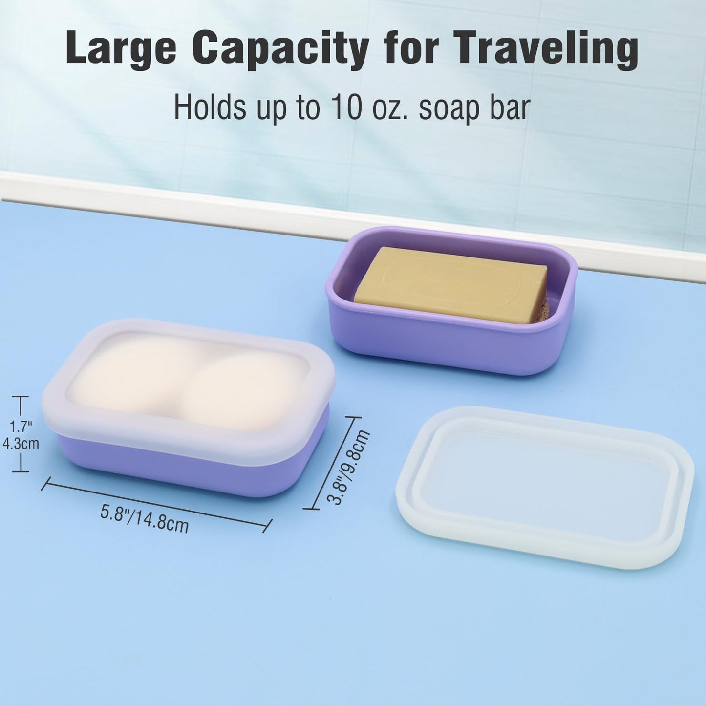 Enhanced Leak Proof Travel Soap Case, AIMAIAIMAI Silicone Soap Container with Draining Layer, Portable Bar Soap Holder for Bathroom, Camping, Gym, Easy to Clean (Translucent & Light-Purple)