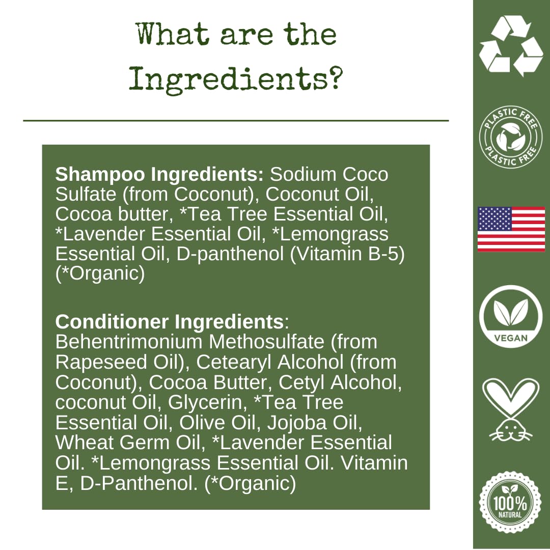 Shampoo Bar and Conditioner with Travel Tins | Lemongrass, Lavender, Tea Tree Oil | Clarifying & Growth | For Oily Hair | USA 2-pk